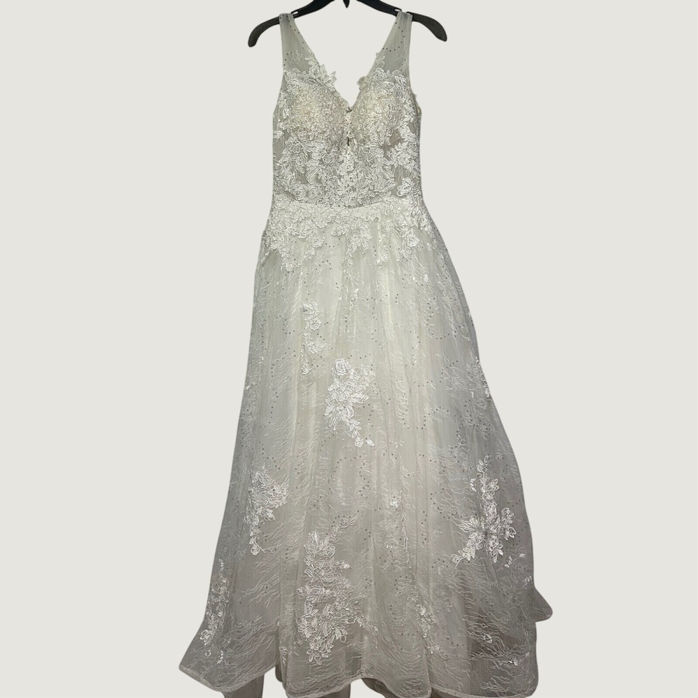 Hebeos Wedding Dress Small White Lace Sequin V-Neck Short train Bridal Low Back